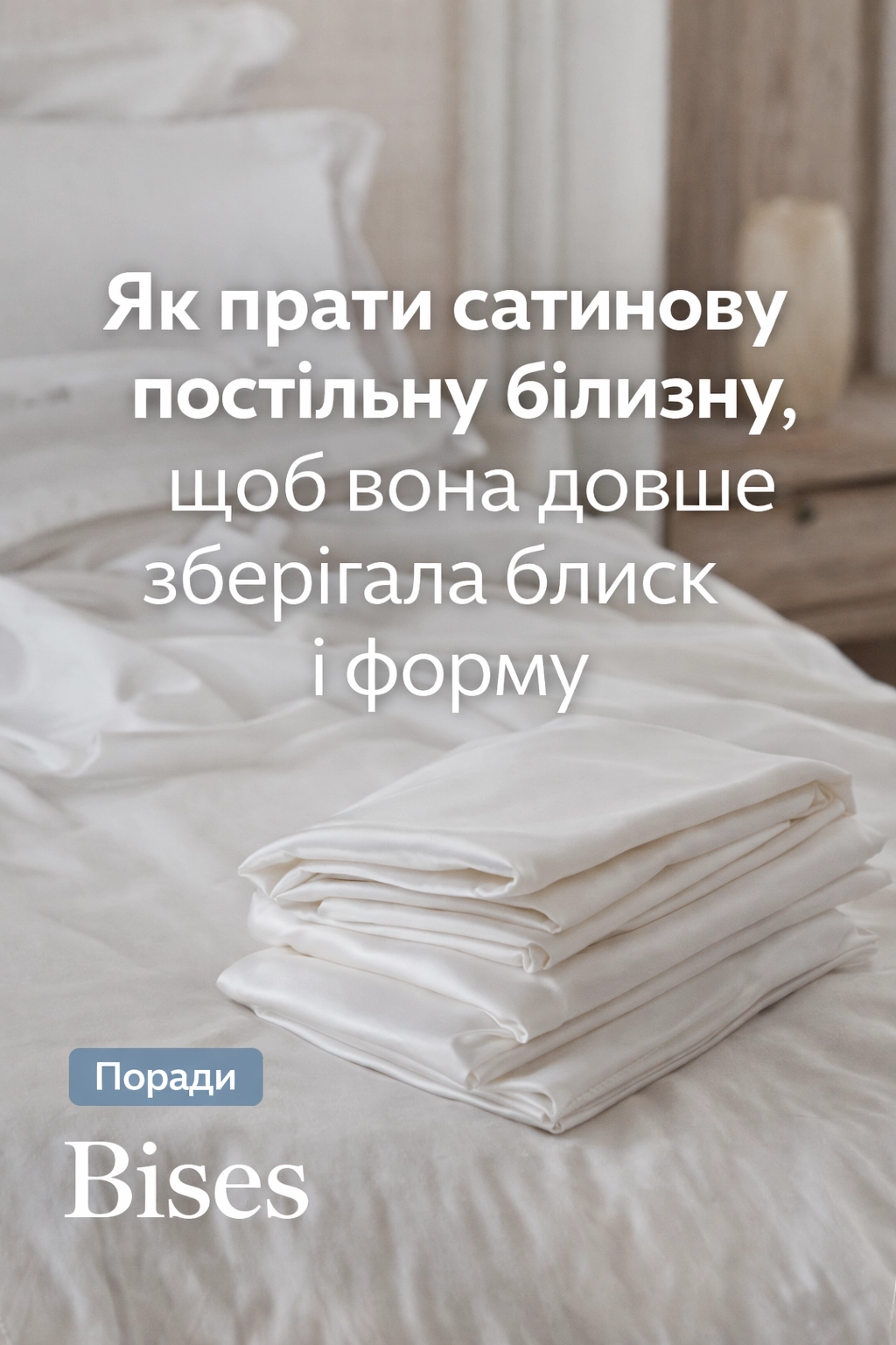 Як прати сатинову постільну білизну — складений комплект сатинової постелі на ліжку в світлій спальні