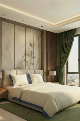 Інтер’єрне фото комплекту постільної білизни Bises Trilogy Silent Ocean із сатину в молочному кольорі з синіми вставками