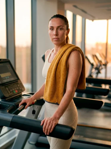 Жінка у спортзалі біля бігової доріжки з рушником Bises Nature Active у відтінку Mustard з контрастною темною окантовкою