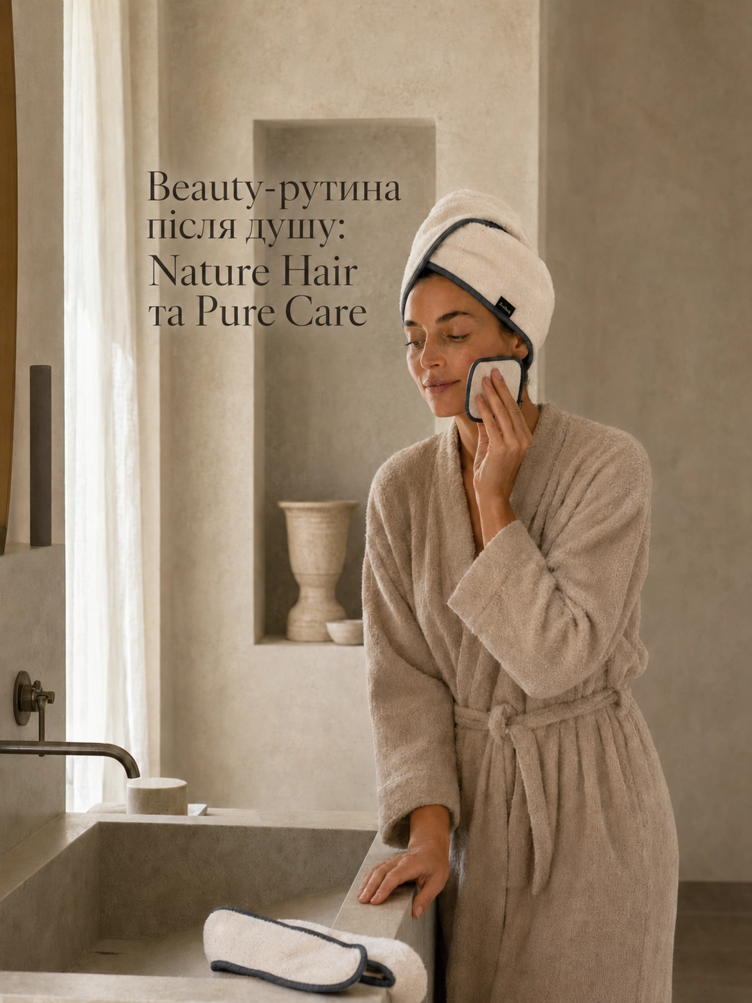 Модель у ванній кімнаті з тюрбаном Bises Nature Hair та багаторазовим спонжем Bises Pure Care під час beauty-рутини після душу