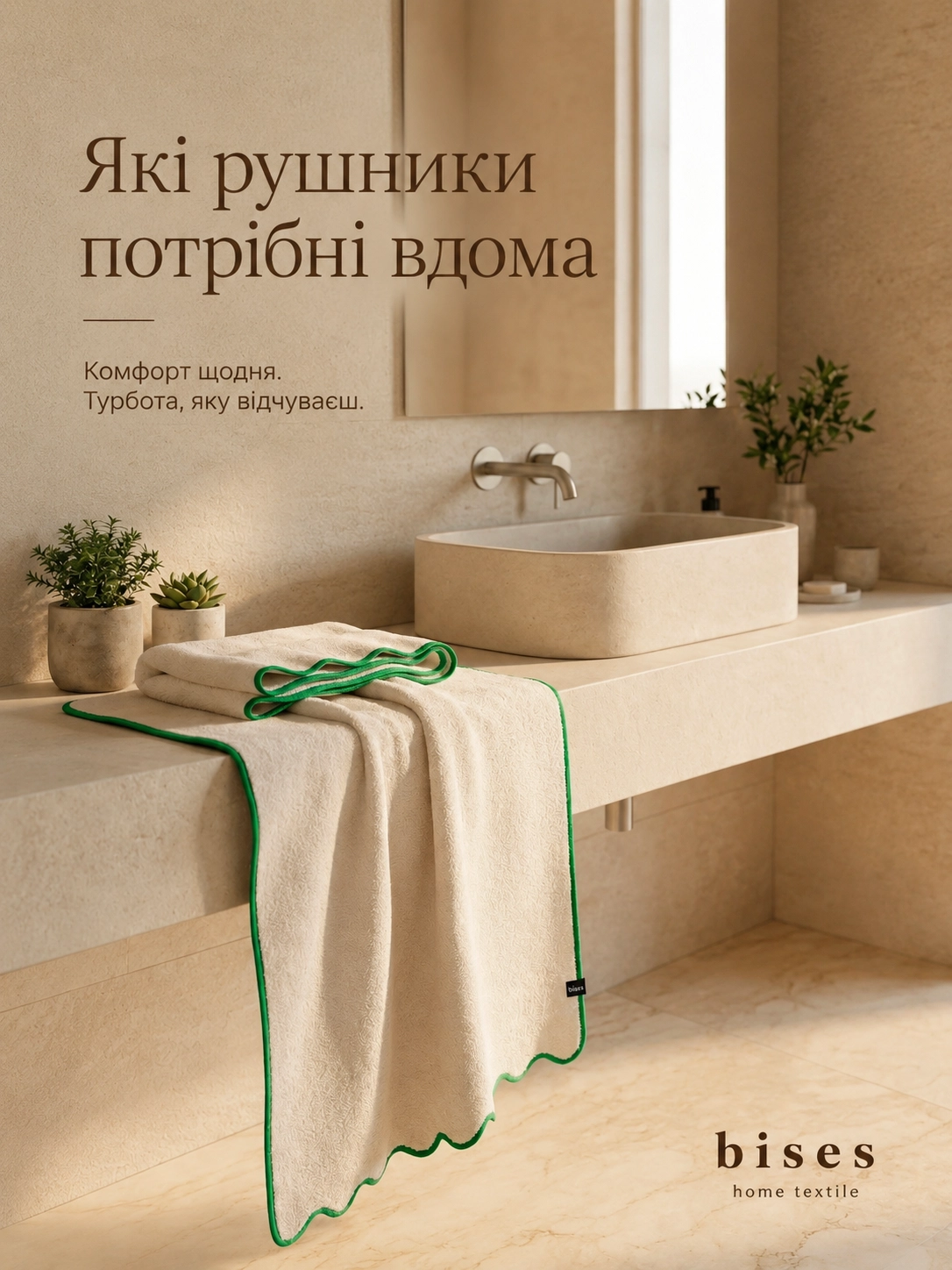 Махрові рушники Bises Wave молочного кольору із зеленою хвилястою окантовкою у ванній кімнаті